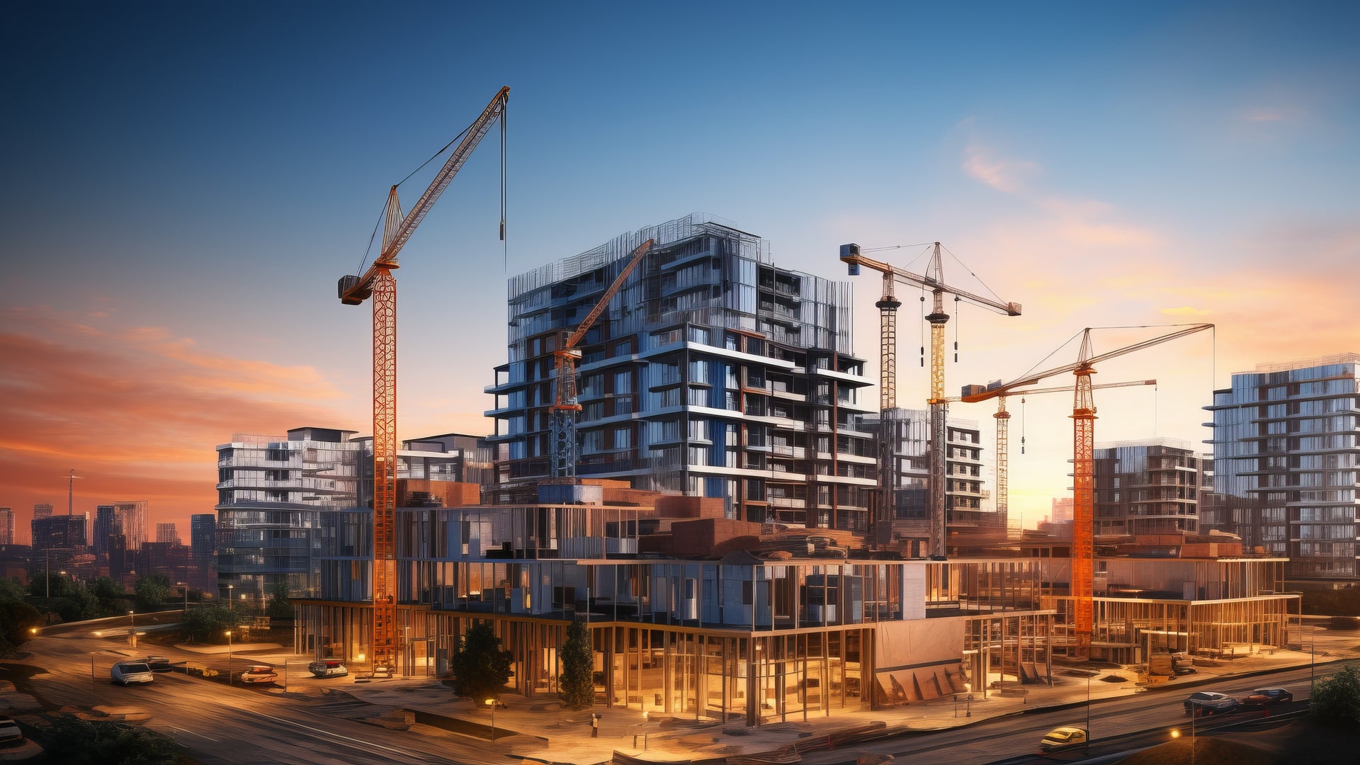 Urban construction site at sunset