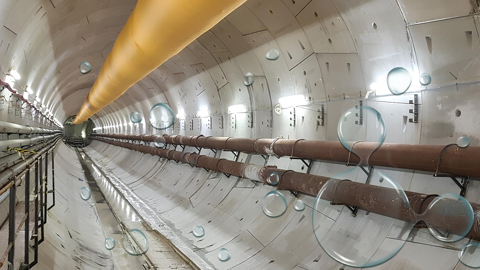 sewer tunnel with yellow pipe overhead and water sewage pipes