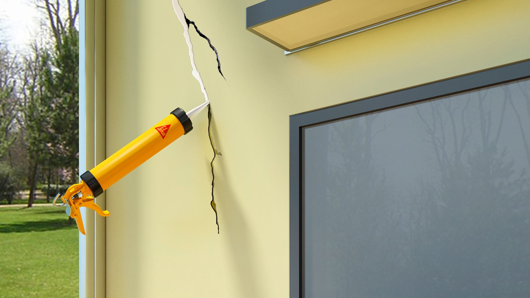 Repairing cracks in a wall with a glue gun