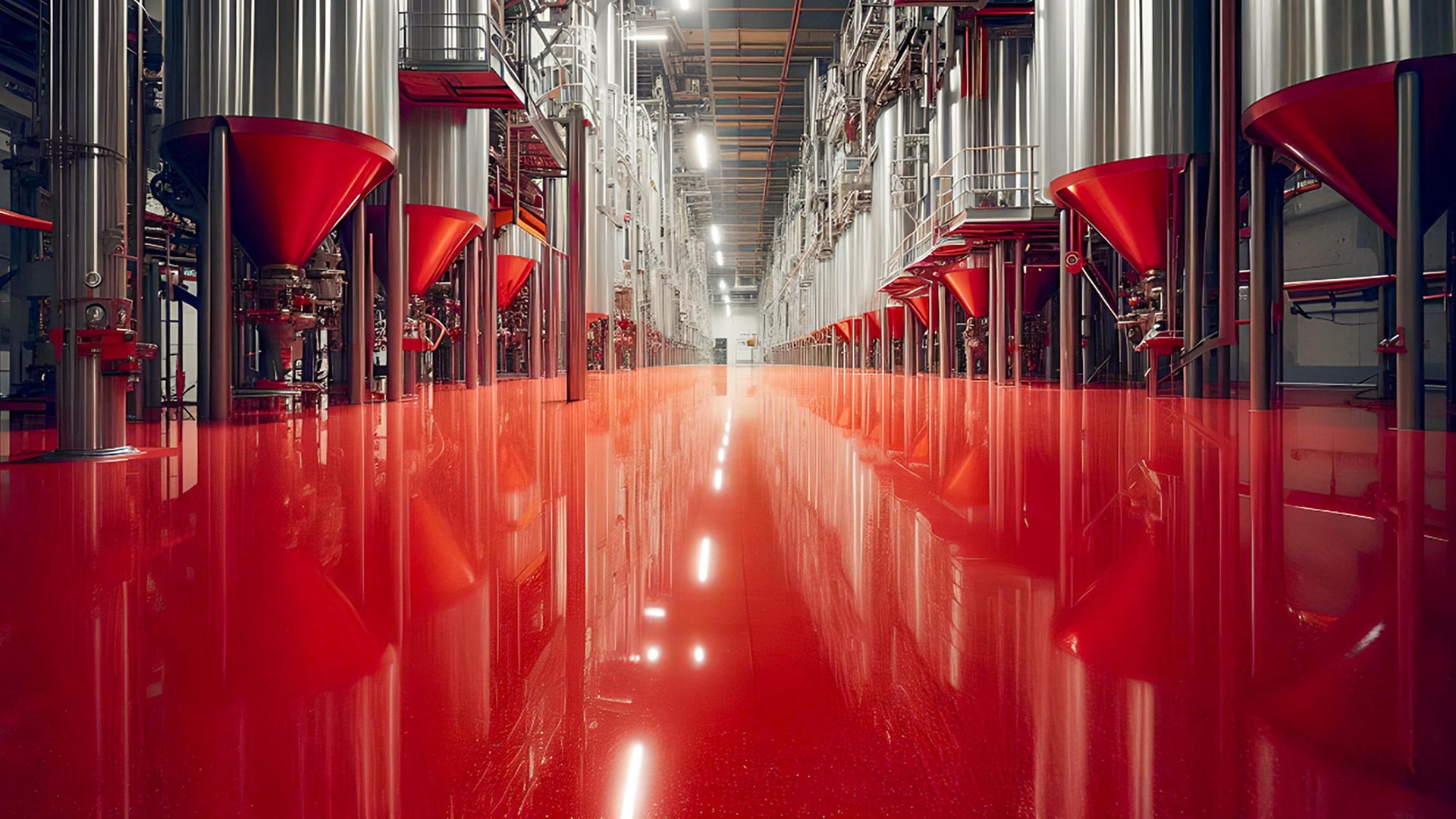 Modern industrial facility with red reflective flooring