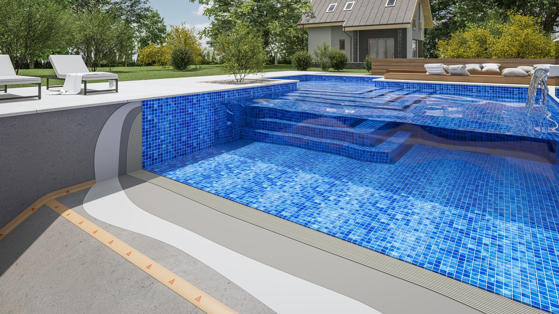 Illustration of swimming pool buildup with blue tiles and Sika waterproofing