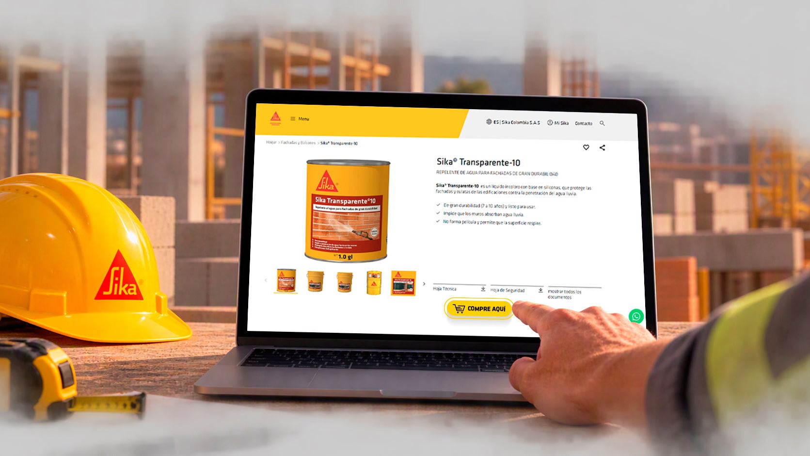 Construction worker browsing Sika product online