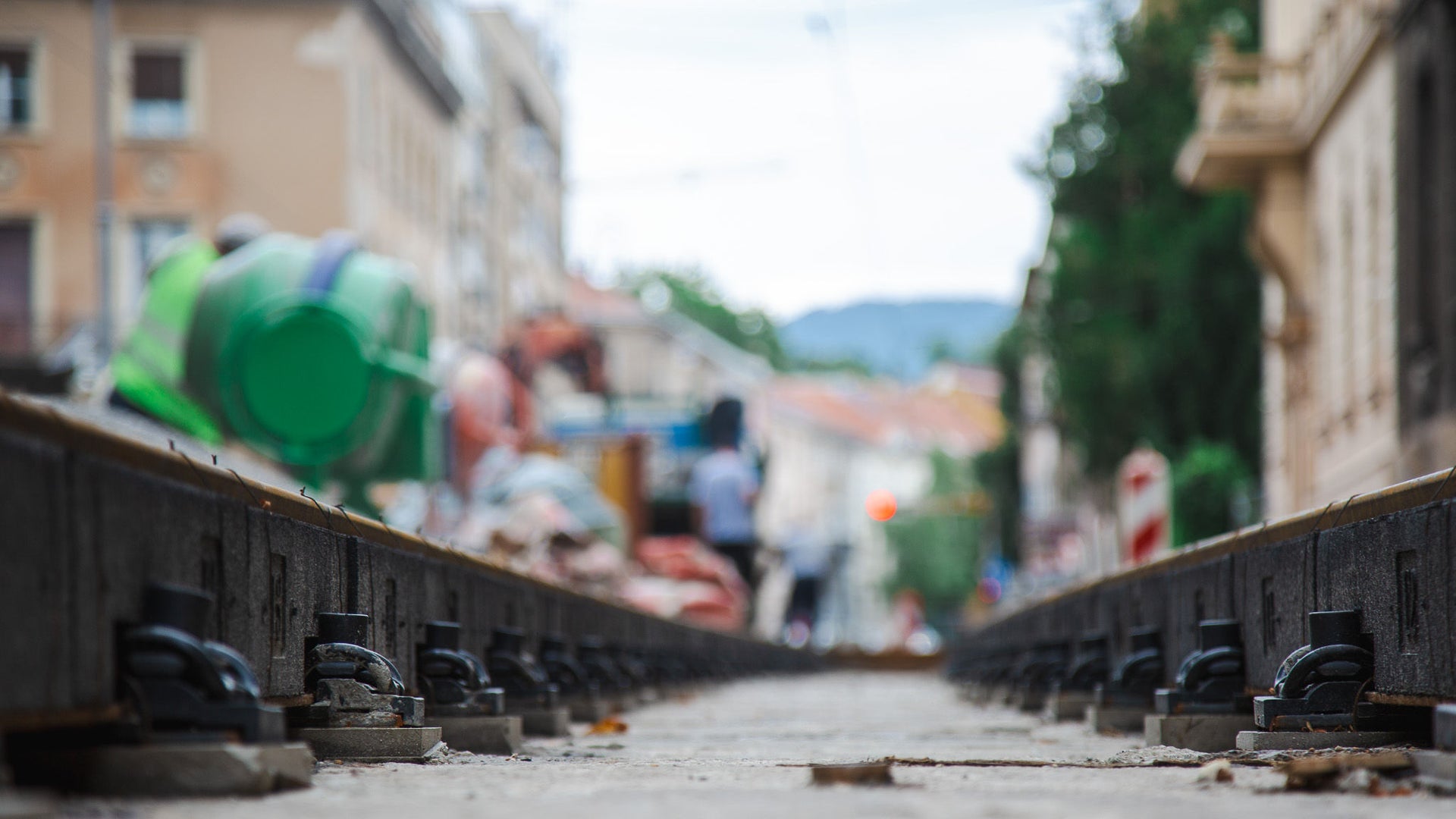 Urban railway construction site with tracks