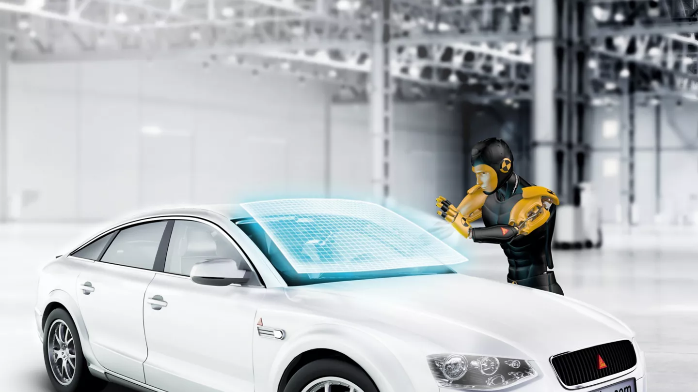 Crash test dummy with futuristic car windshield