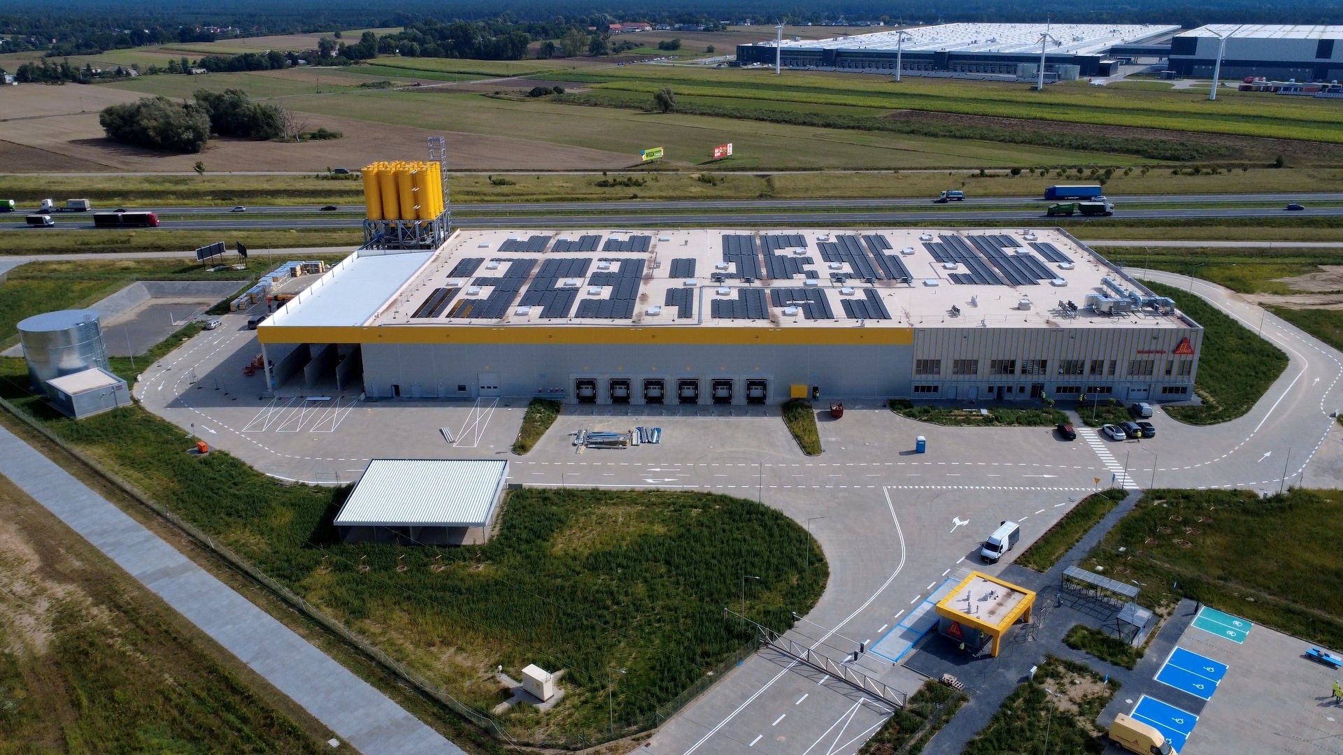 Aerial view of modern industrial warehouse