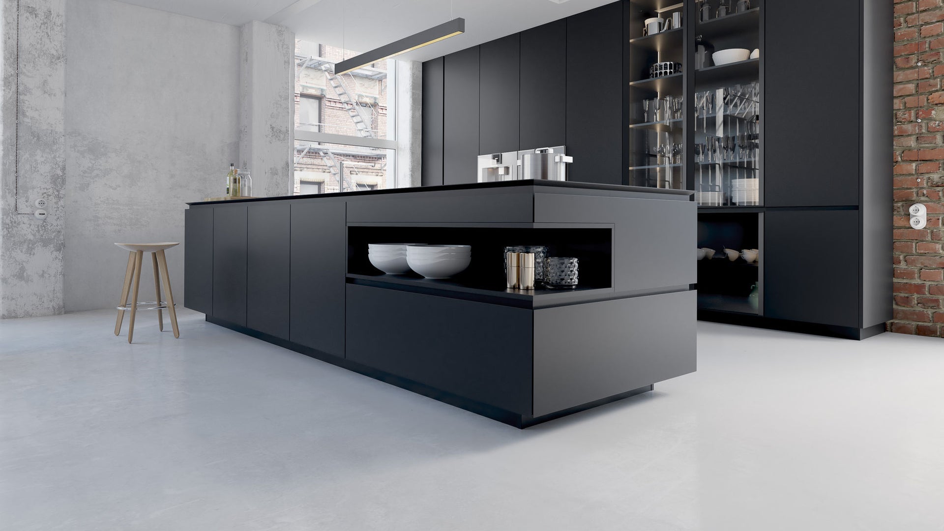 black dark modern kitchen with light grey floor