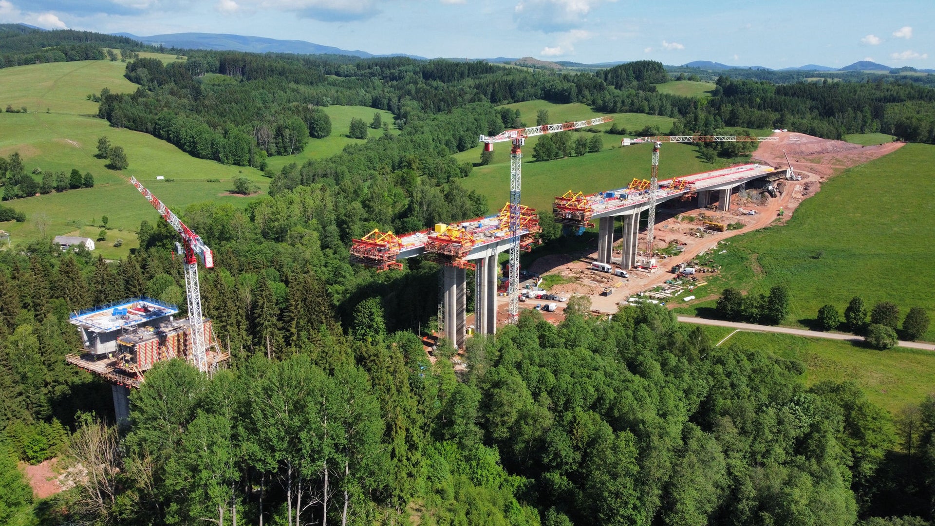 Aerial view of large bridge construction site