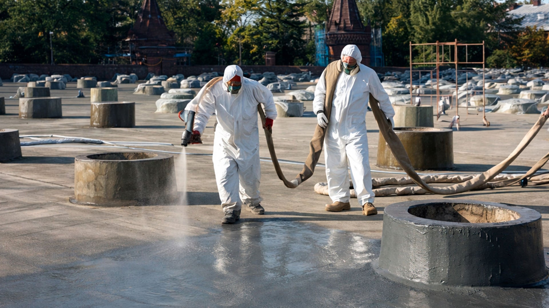 Workers Applying Protective Coating on Industrial Rooftop