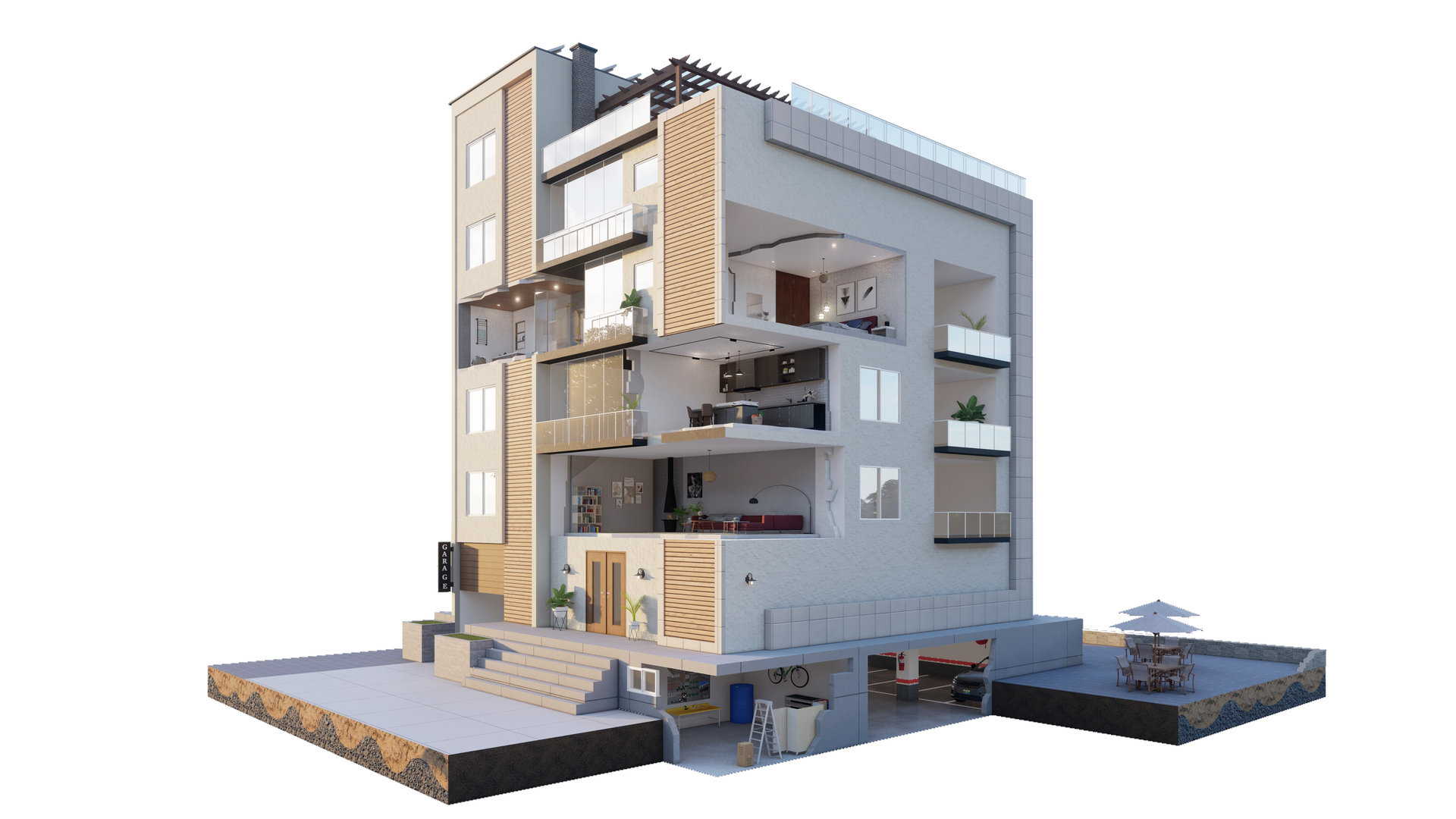 Cross-section illustration e-house residential multi-level home
