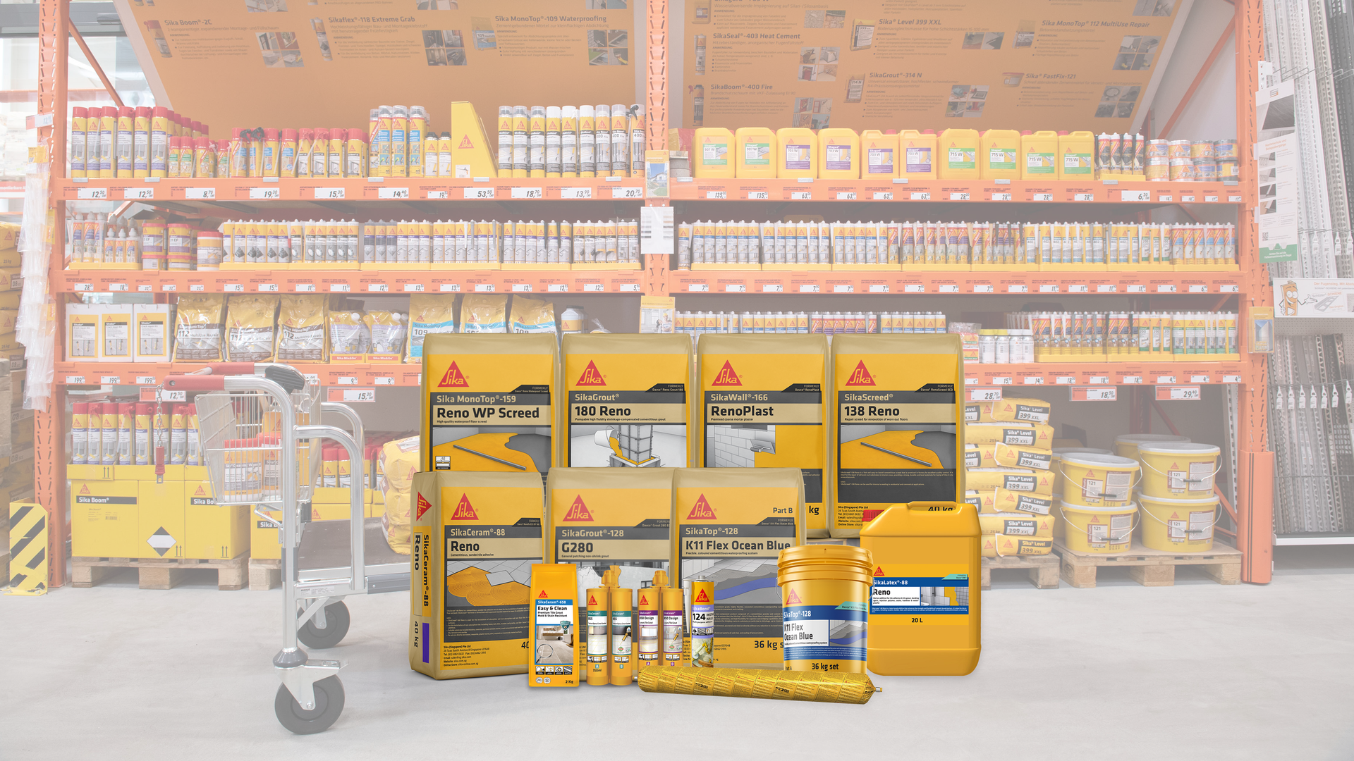 Construction chemical products displayed in warehouse