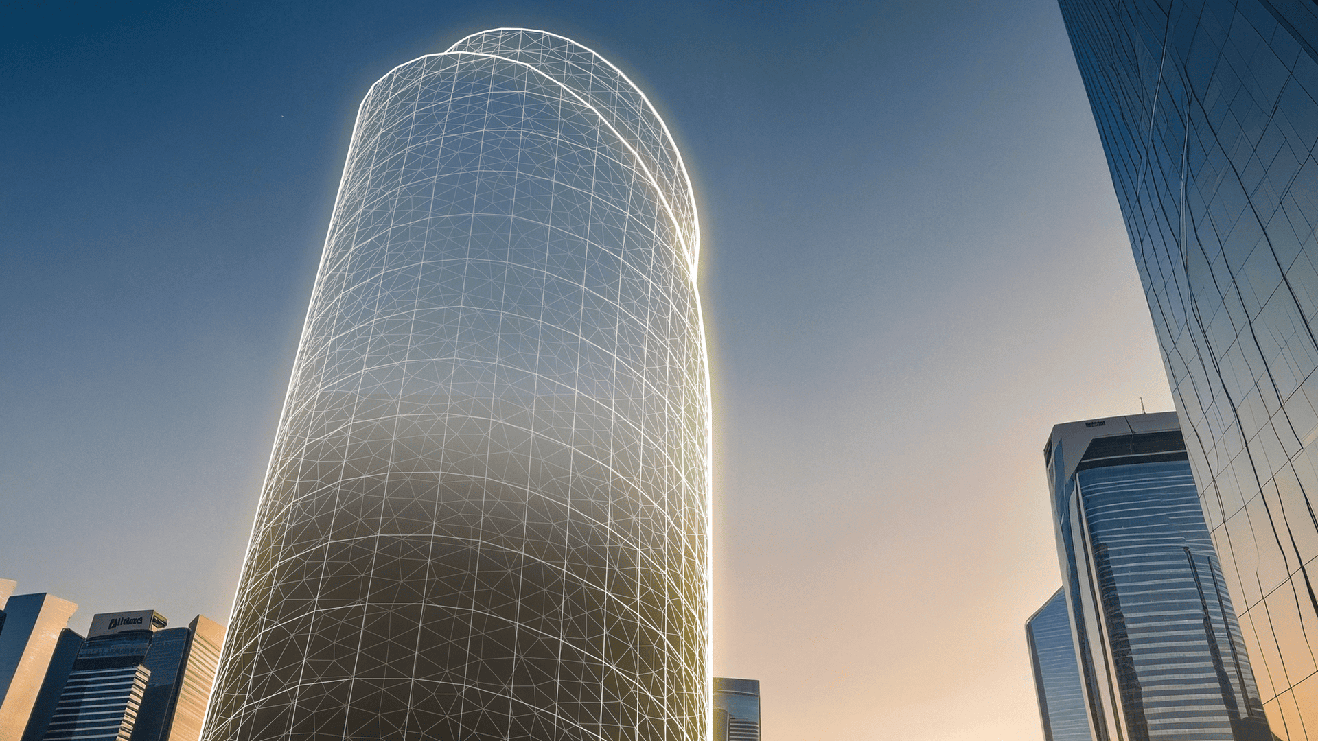 Futuristic skyscraper with digital wireframe overlay