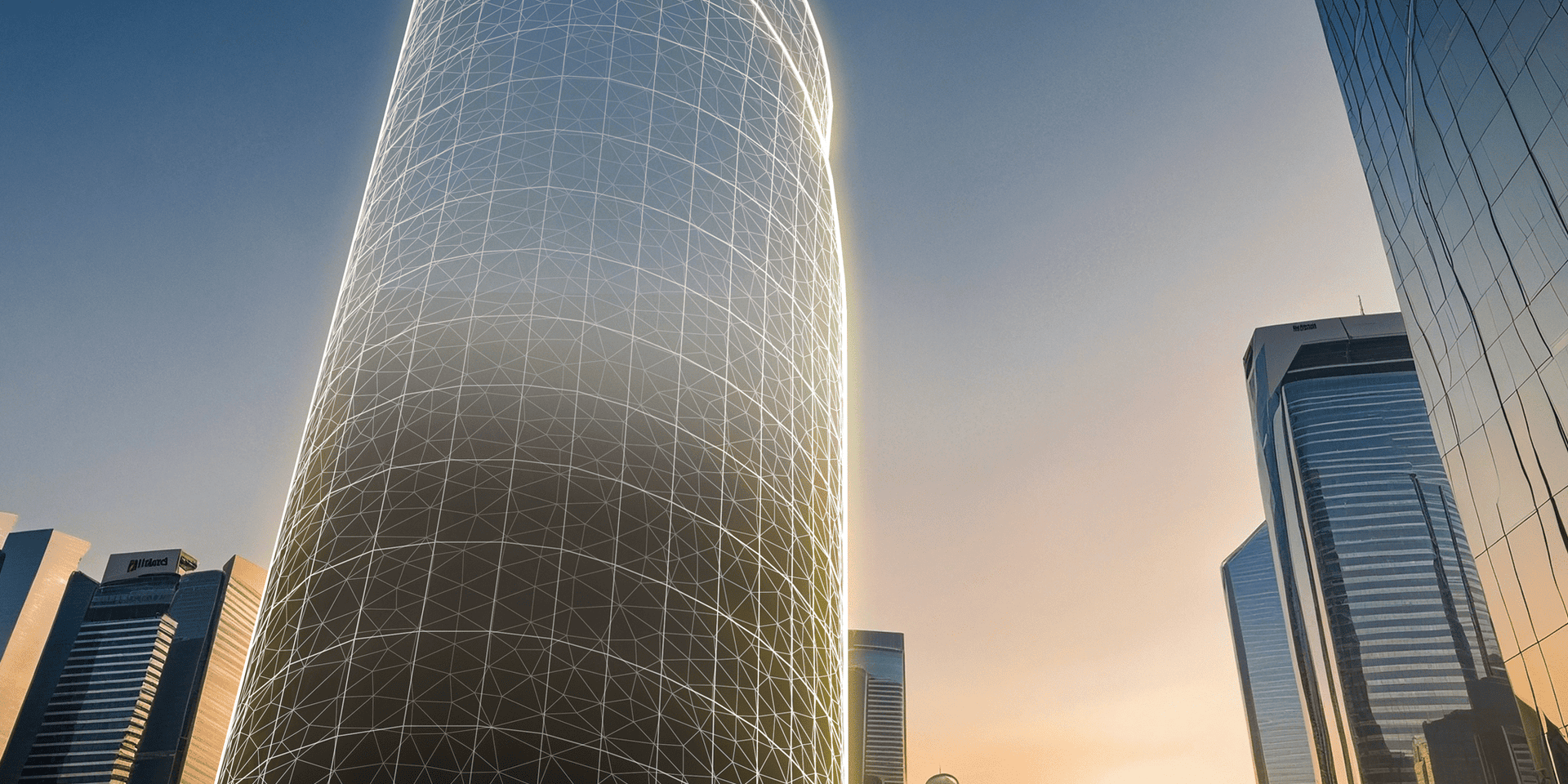 Futuristic skyscraper with digital wireframe overlay