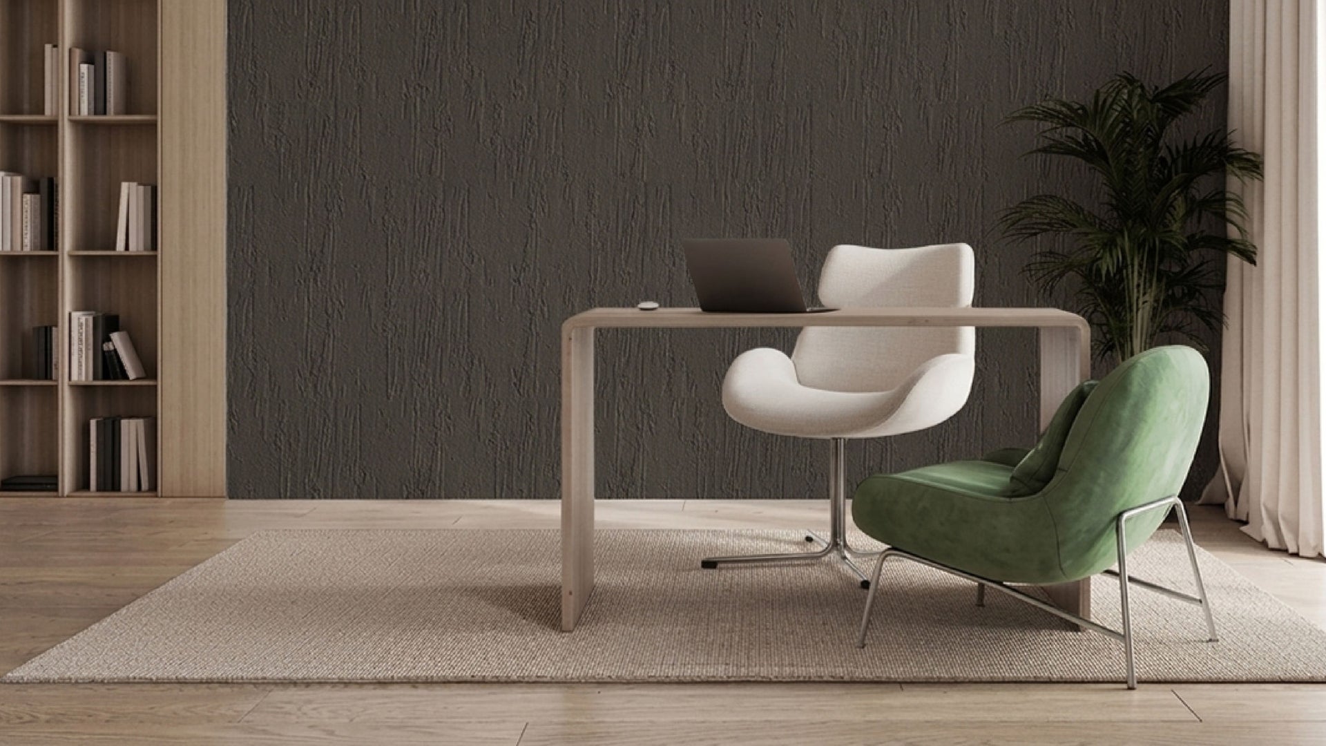 Minimalist home office with modern armchairs