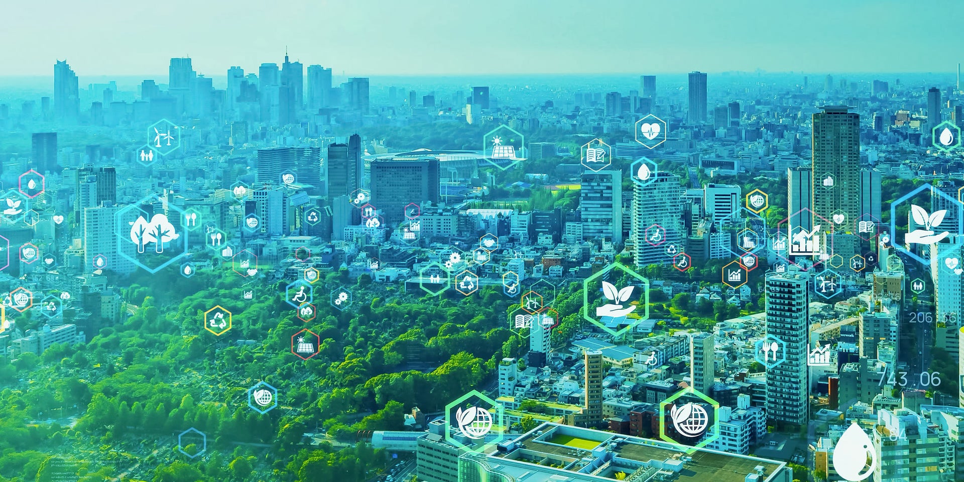 Smart sustainable city with digital eco icons