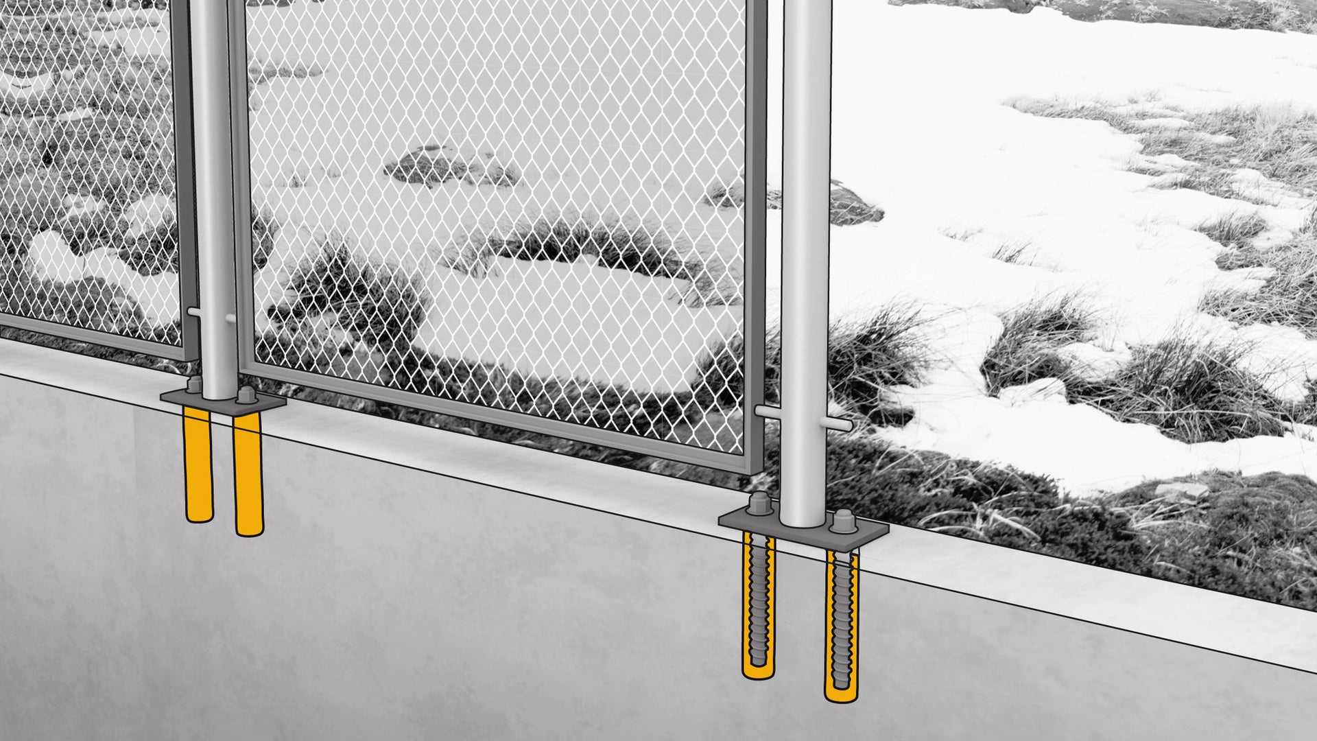 Greyscale image with yellow highlights showing chemical anchoring of rebars of fence poles in a cold climate environment