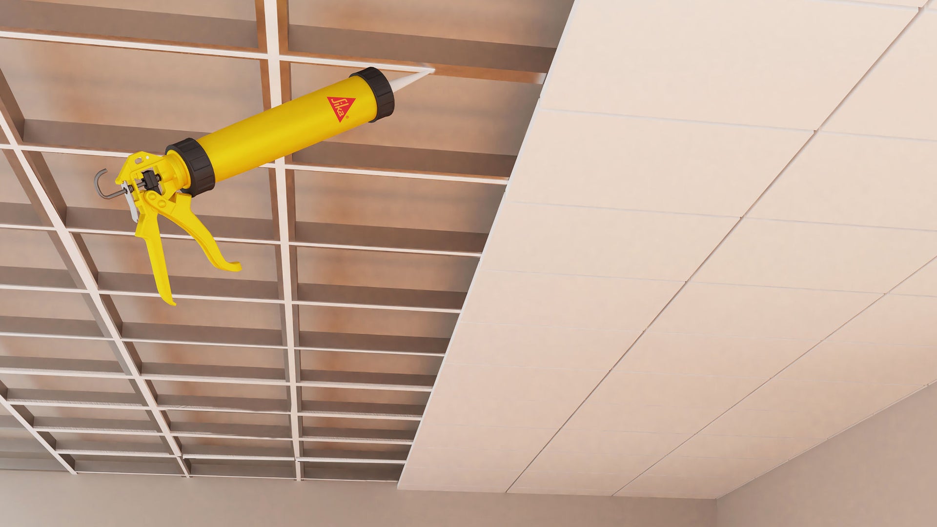 Adhesive is applied to the ceiling with a glue gun to glue panels