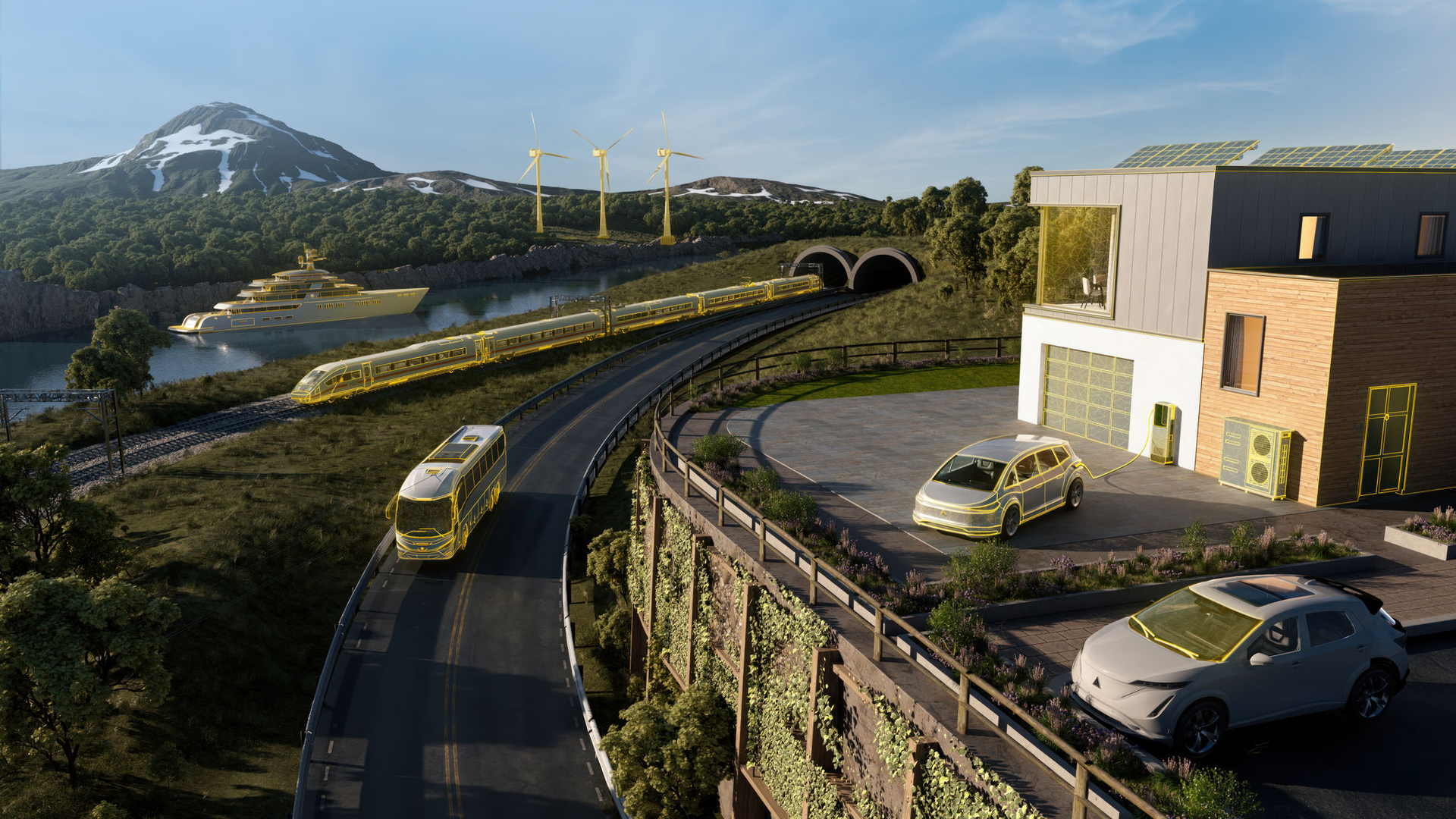 Sika Automotive & Industry illustration of cars, bus, train, boat, wind turbines and facades with yellow joints