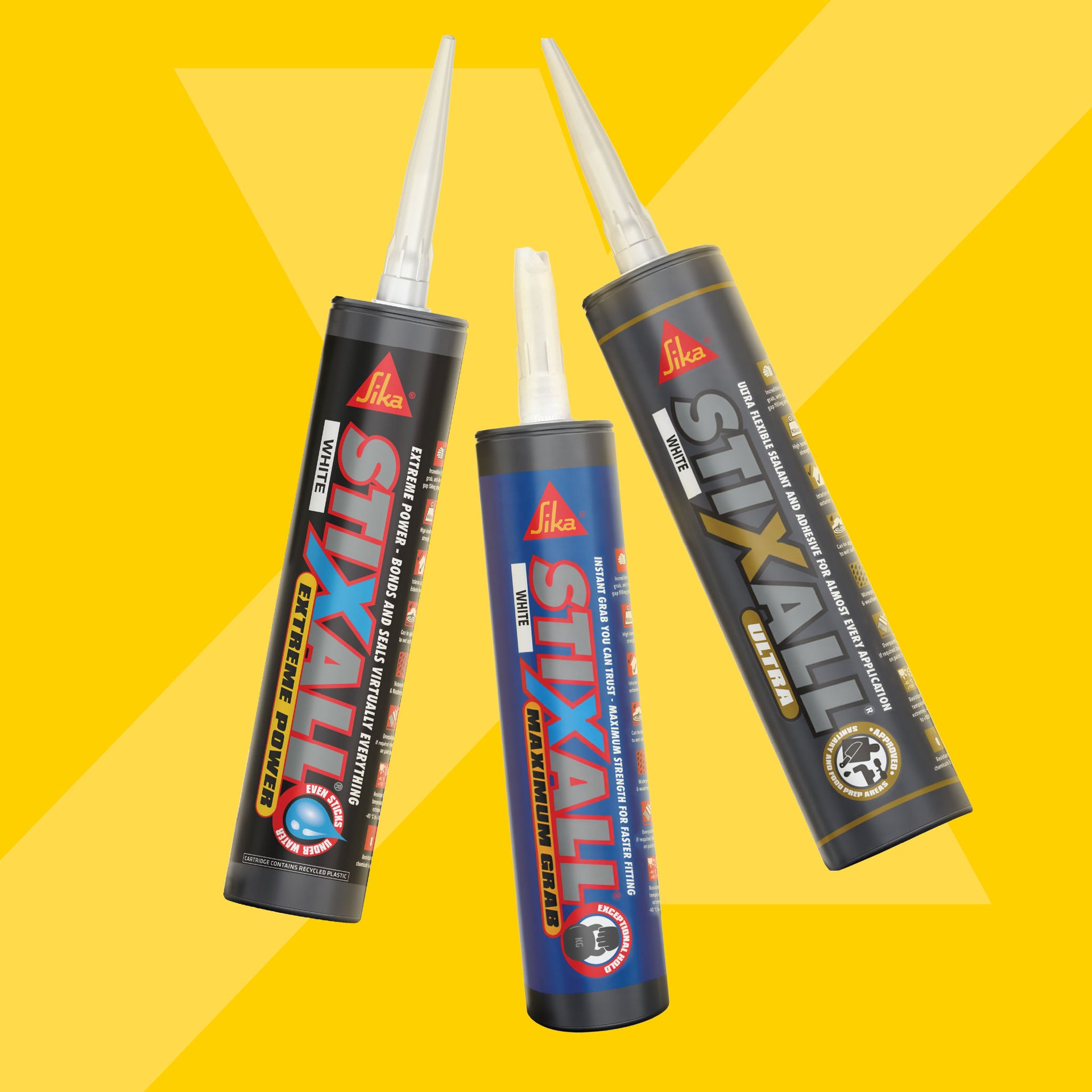 Three Sika STIXALL adhesive sealant tubes