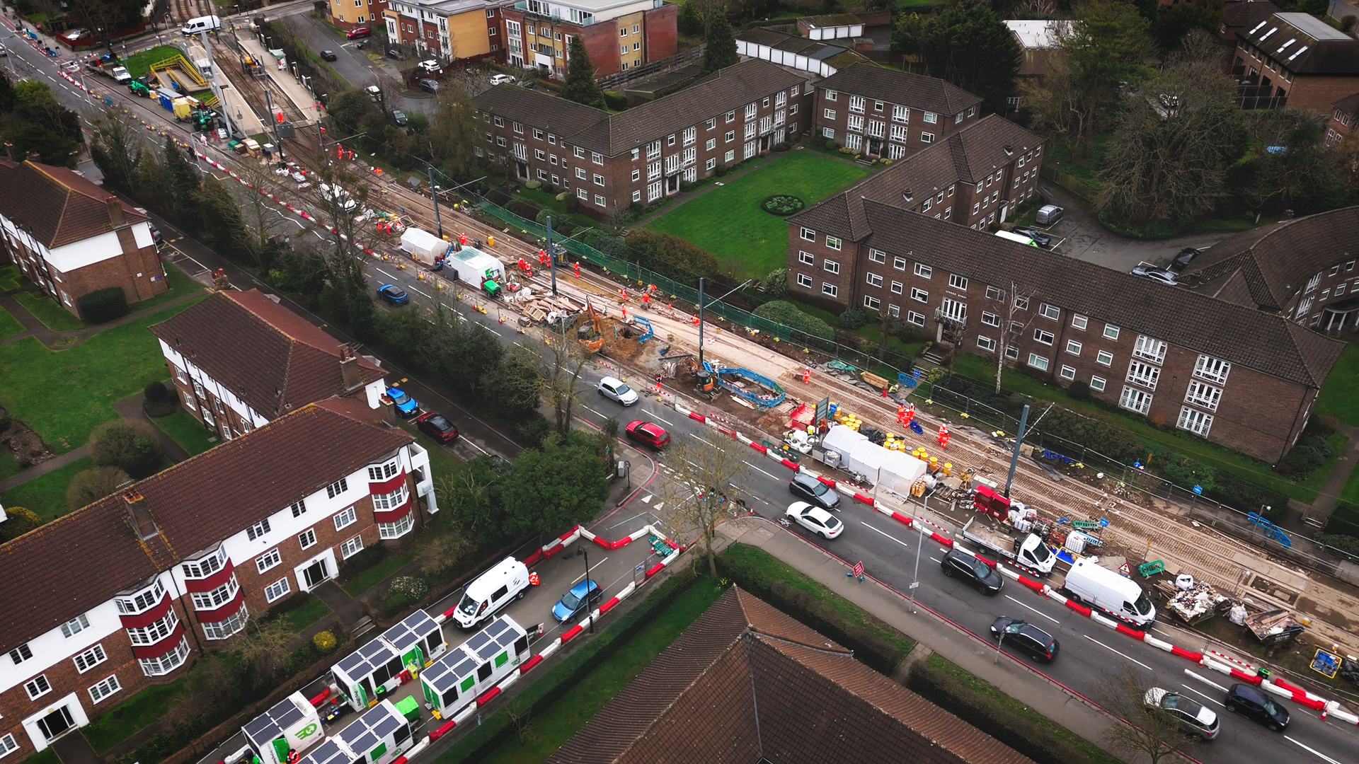 Aerial View of Urban Road Construction and Traffic