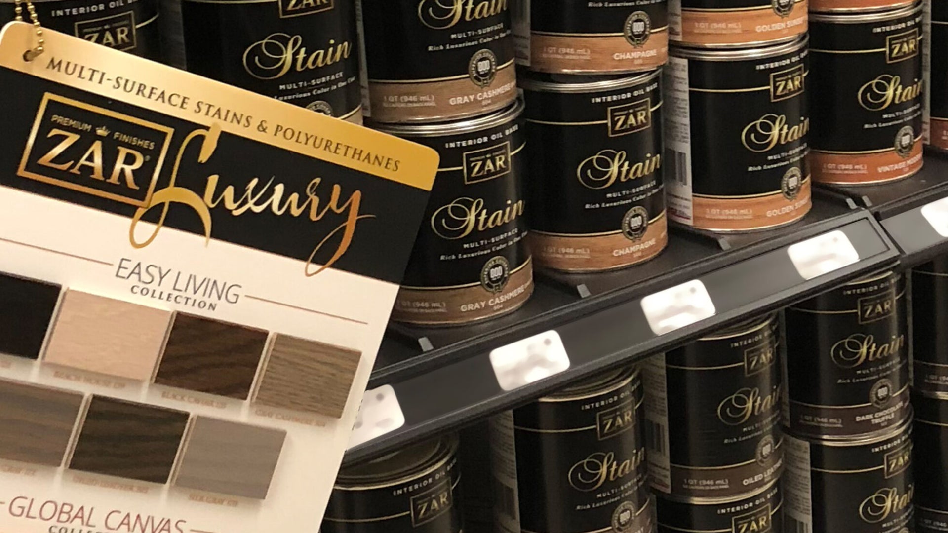 ZAR wood stain cans on store shelf