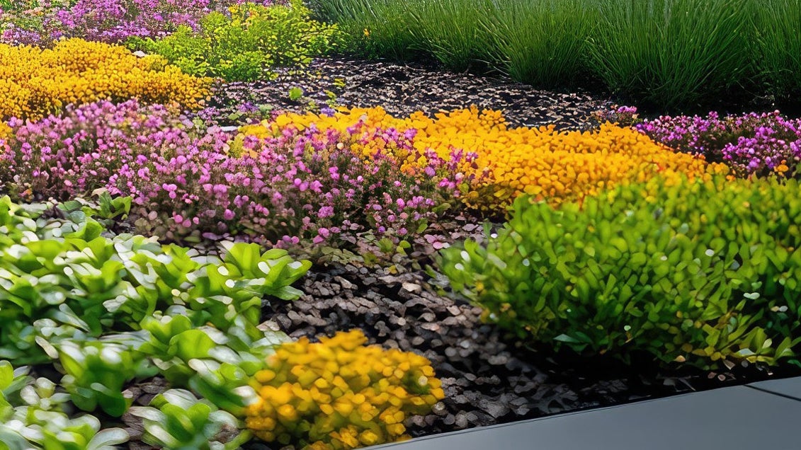 Colorful green roof garden with blooming ground cover
