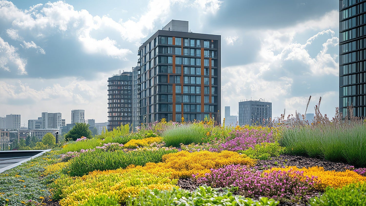 Modern cityscape with vibrant rooftop garden