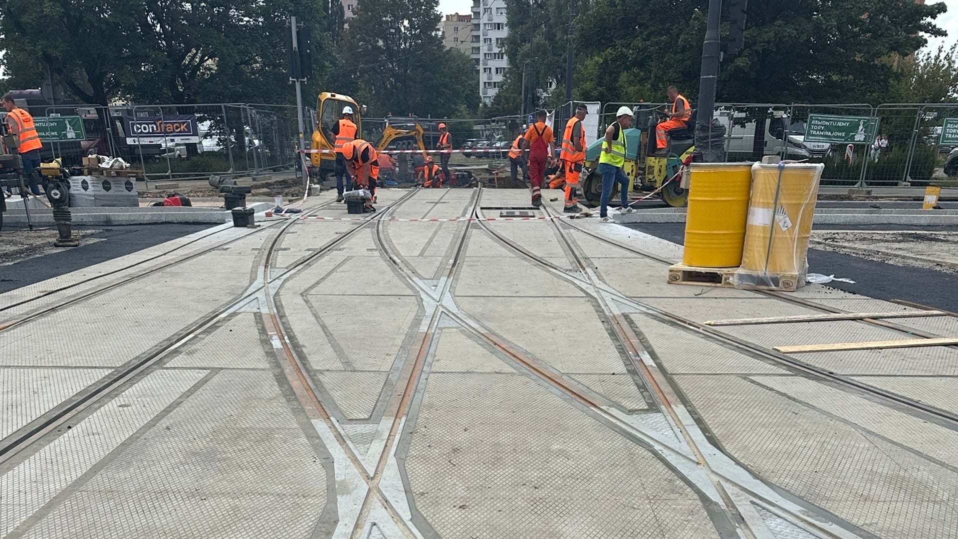 Urban tramway construction with workers onsite